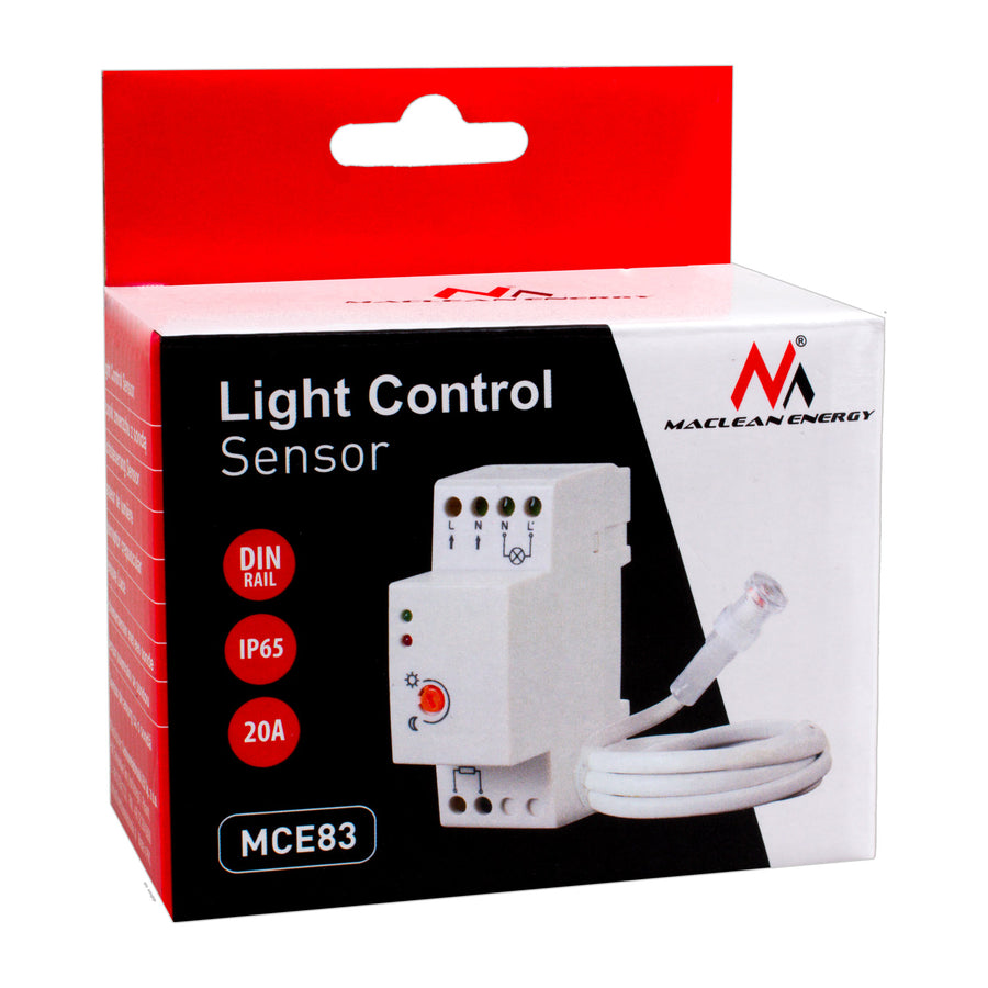 Interruptor de sensor crepuscular para carril DIN con sonda externa 220-240V / AC, 50Hz 20A Maclean MCE83