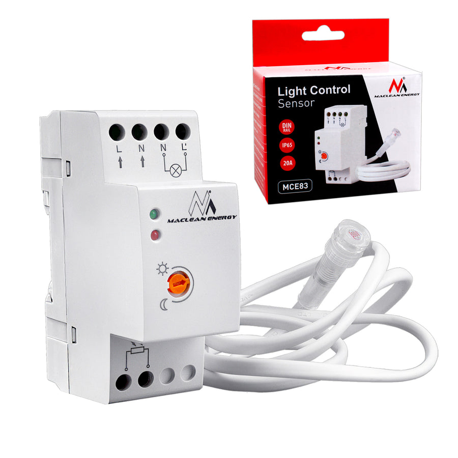 Interruptor de sensor crepuscular para carril DIN con sonda externa 220-240V / AC, 50Hz 20A Maclean MCE83