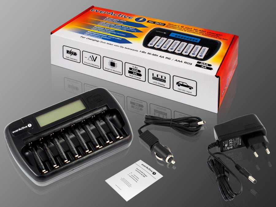 Cargador de pilas AA y AAA everActive, 8 canales, pantalla LCD, NC-800