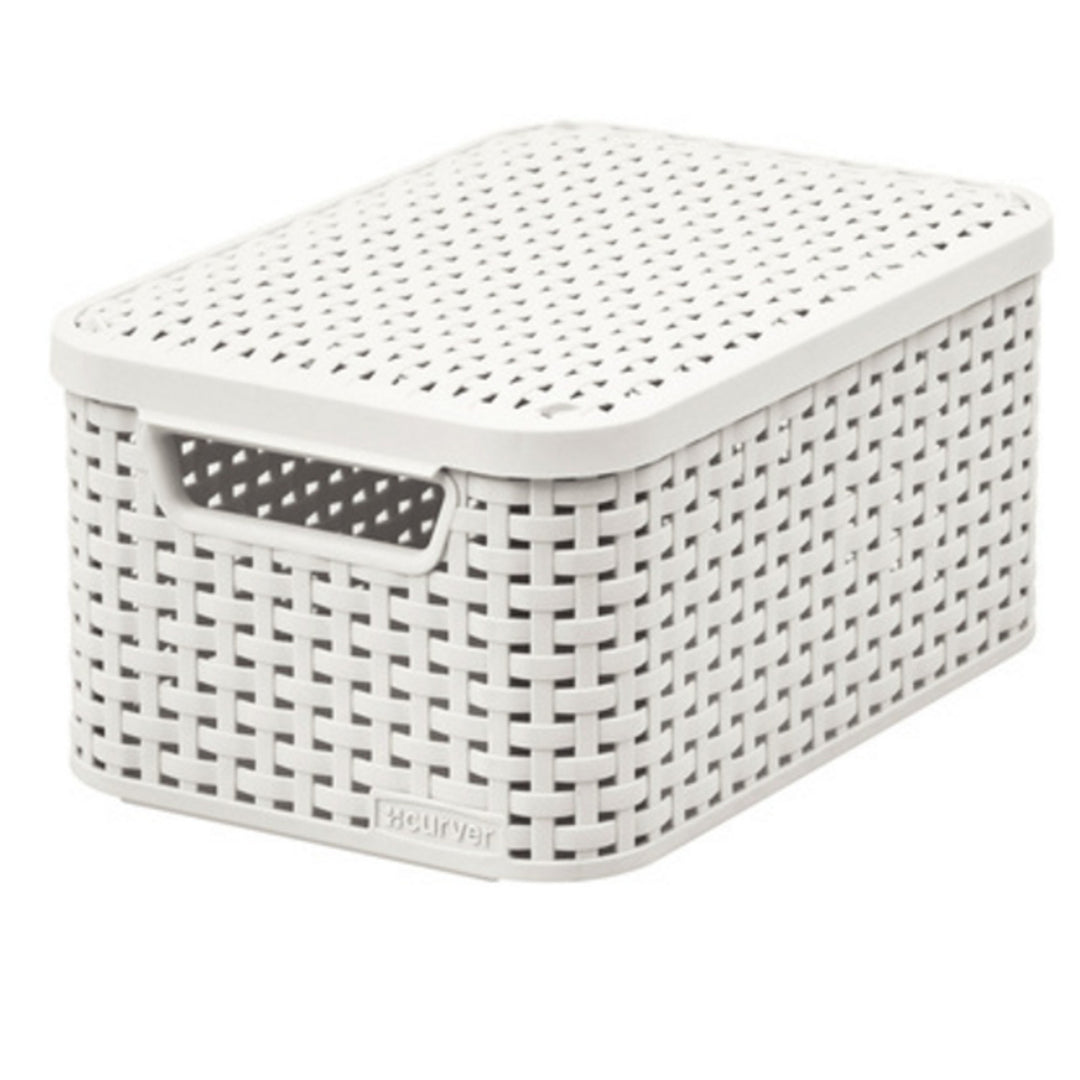 Cesto curvo, multiusos, com tampa, creme, estilo rattan M