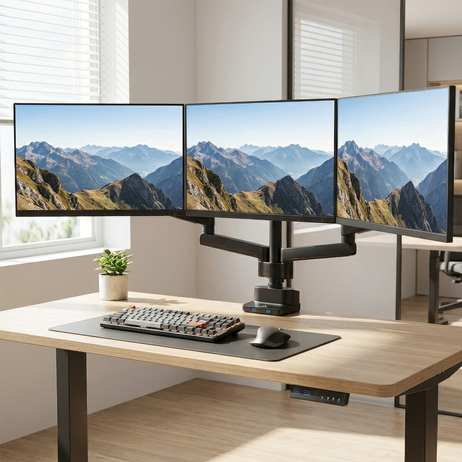 Suporte de mesa para 3 monitores LCD LED com 2x USB 3.0 17-27" 3x7kg VESA 75x75 e 100x100 Maclean MC-811