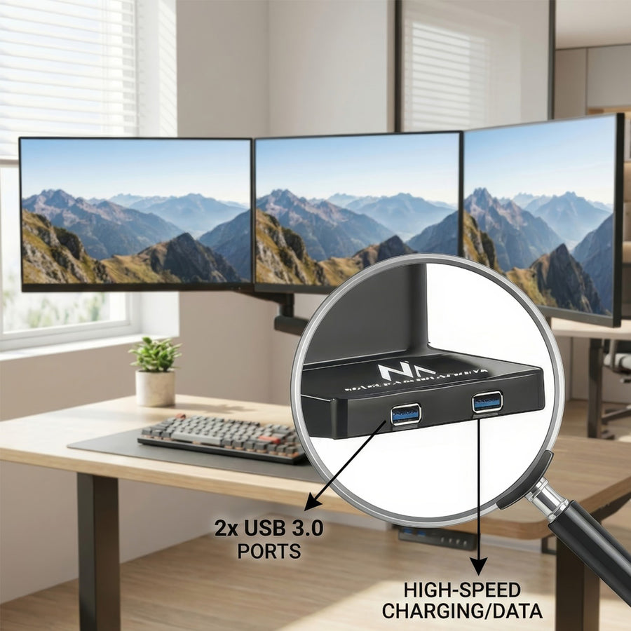 Suporte de mesa para 3 monitores LCD LED com 2x USB 3.0 17-27" 3x7kg VESA 75x75 e 100x100 Maclean MC-811