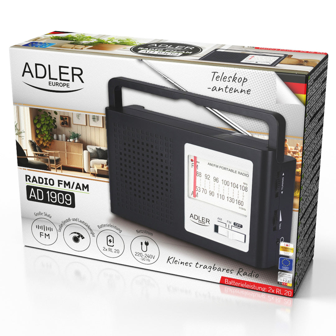Adler AD 1909 Radio portátil, AM y FM, Antena, Funcionamiento por red y pilas