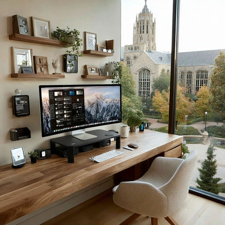 Suporte de tela ajustável em altura com monitor de carregamento sem fio Qi de 17 "~ 32" suporta carregamento por indução de até 20 kg