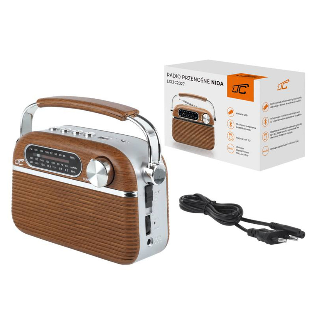 Rádio portátil LTC NIDA Bluetooth Retro, AM/FM/MP3/USB/SD, bateria integrada de 1200 mAh