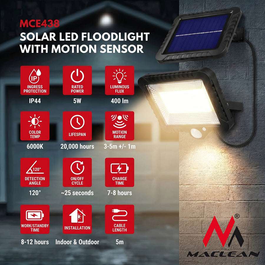 Foco LED solar con sensor de movimiento, aplique solar Maclean MCE438