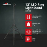 Maclean MC-163 Soporte para anillo de luz de 12 ", Altura ajustable 62-190 cm, Aoporte de iluminación, Soporte de lámpara, Soporte de luz con capacidad de carga hasta 3 kg
