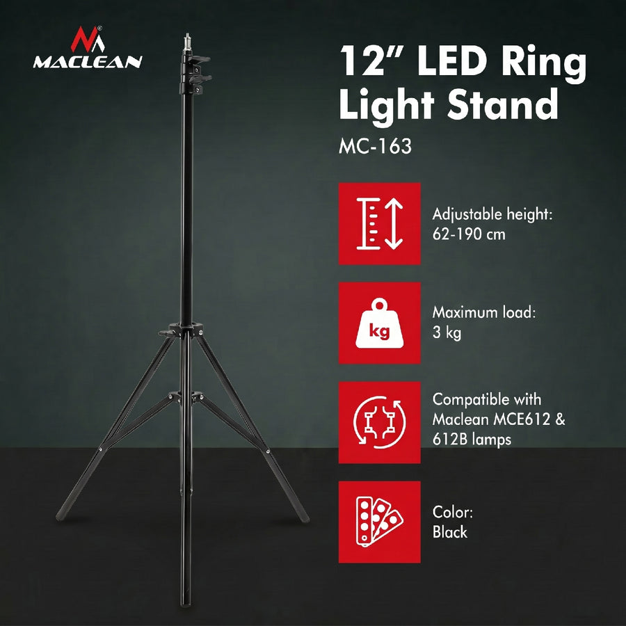 Maclean MC-163 Soporte para anillo de luz de 12 ", Altura ajustable 62-190 cm, Aoporte de iluminación, Soporte de lámpara, Soporte de luz con capacidad de carga hasta 3 kg