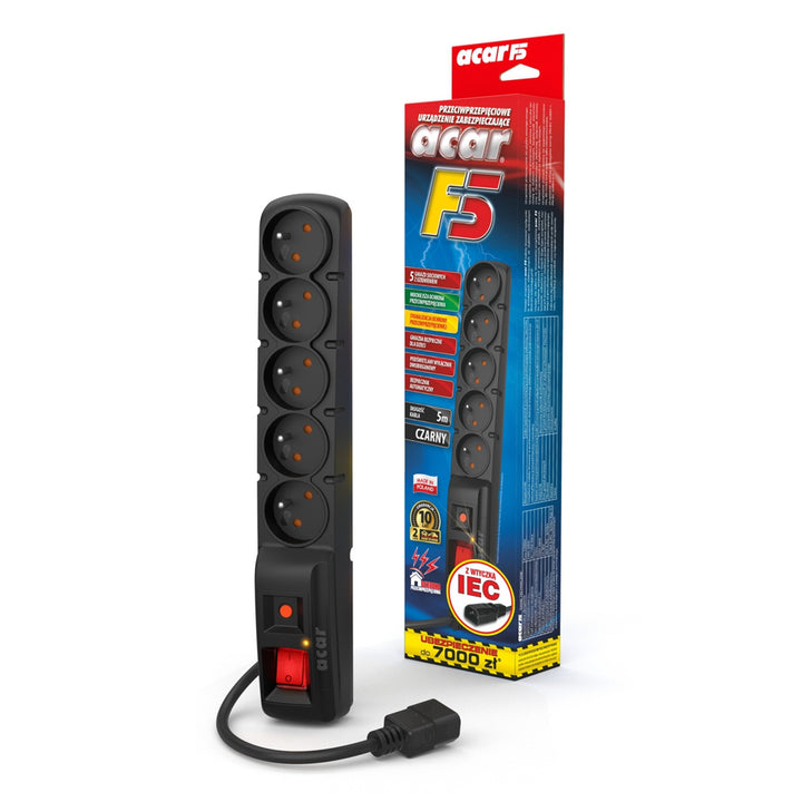 Filtro de linha Acar com protetor contra picos de tensão, ficha IEC, preto, 2300 W, 5 m, F5 IEC