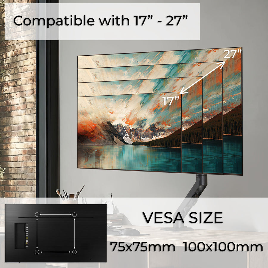 Braço para monitor Maclean de 1 baía com mola a gás, 17"-27", suporte de mesa giratório e inclinado, VESA 75x75, 100x100, até 7 kg