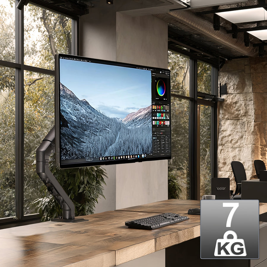 Braço para monitor Maclean de 1 baía com mola a gás, 17"-27", suporte de mesa giratório e inclinado, VESA 75x75, 100x100, até 7 kg