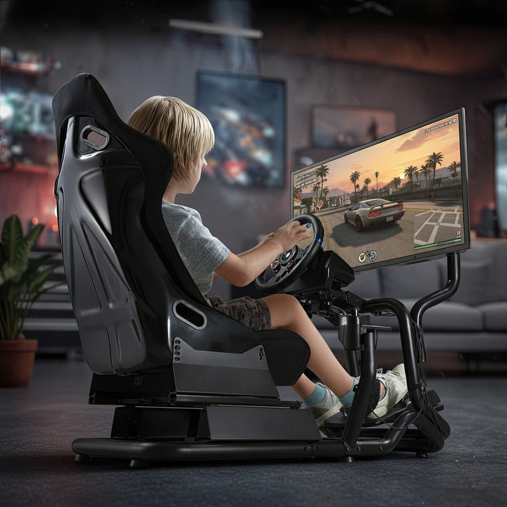 Simulador de corrida Cockpit 3 em 1 Assento gamer até 130kg Suporte para alavanca de câmbio Suporte para volante Suporte para TV até 50" Max. Vesa 400x200...