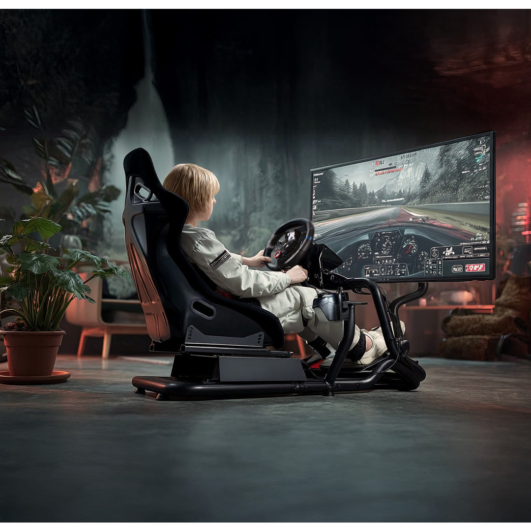 Simulador de corrida Cockpit 3 em 1 Assento gamer até 130kg Suporte para alavanca de câmbio Suporte para volante Suporte para TV até 50" Max. Vesa 400x200...