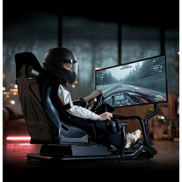 Simulador de corrida Cockpit 3 em 1 Assento gamer até 130kg Suporte para alavanca de câmbio Suporte para volante Suporte para TV até 50" Max. Vesa 400x200...