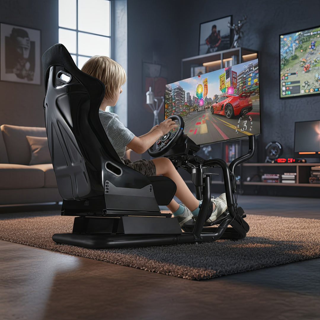 Simulador de corrida Cockpit 3 em 1 Assento gamer até 130kg Suporte para alavanca de câmbio Suporte para volante Suporte para TV até 50" Max. Vesa 400x200...