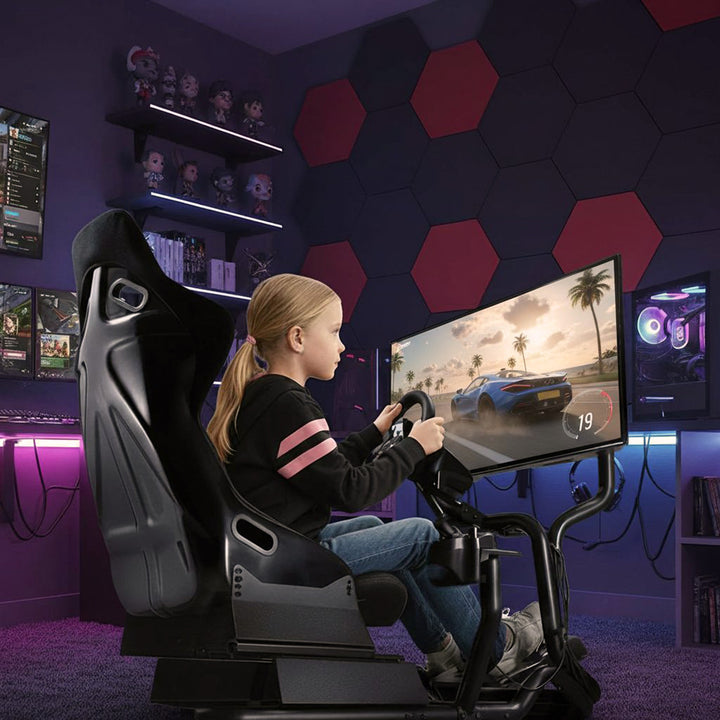 Simulador de corrida Cockpit 3 em 1 Assento gamer até 130kg Suporte para alavanca de câmbio Suporte para volante Suporte para TV até 50" Max. Vesa 400x200...