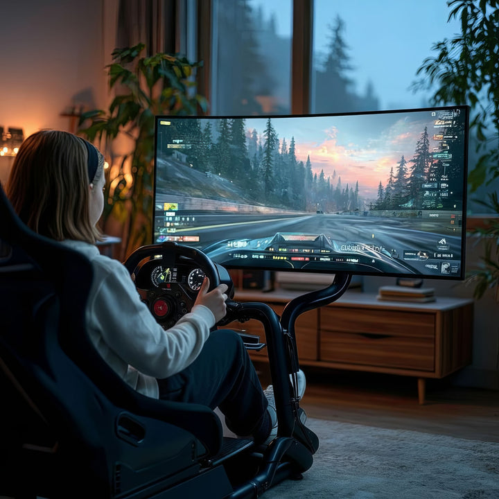 Simulador de corrida Cockpit 3 em 1 Assento gamer até 130kg Suporte para alavanca de câmbio Suporte para volante Suporte para TV até 50" Max. Vesa 400x200...