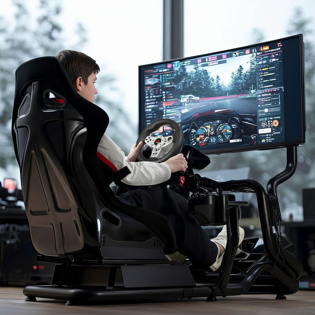 Simulador de corrida Cockpit 3 em 1 Assento gamer até 130kg Suporte para alavanca de câmbio Suporte para volante Suporte para TV até 50" Max. Vesa 400x200...