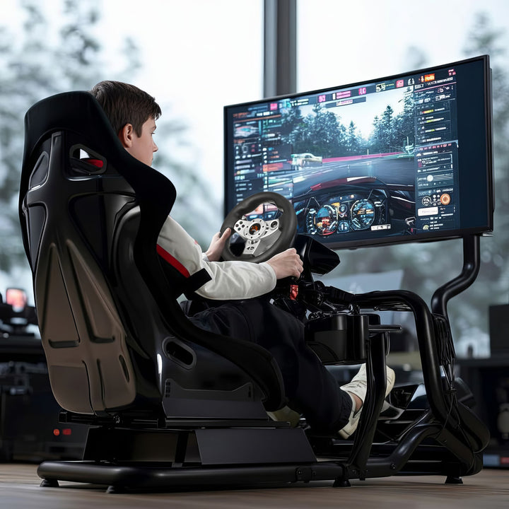 Simulador de corrida Cockpit 3 em 1 Assento gamer até 130kg Suporte para alavanca de câmbio Suporte para volante Suporte para TV até 50" Max. Vesa 400x200...