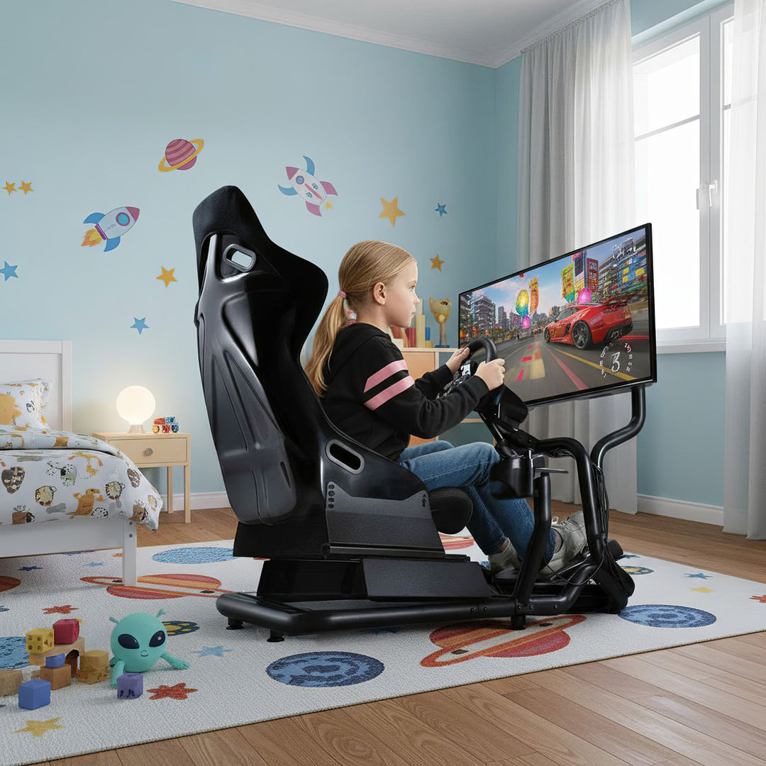 Simulador de corrida Cockpit 3 em 1 Assento gamer até 130kg Suporte para alavanca de câmbio Suporte para volante Suporte para TV até 50" Max. Vesa 400x200...