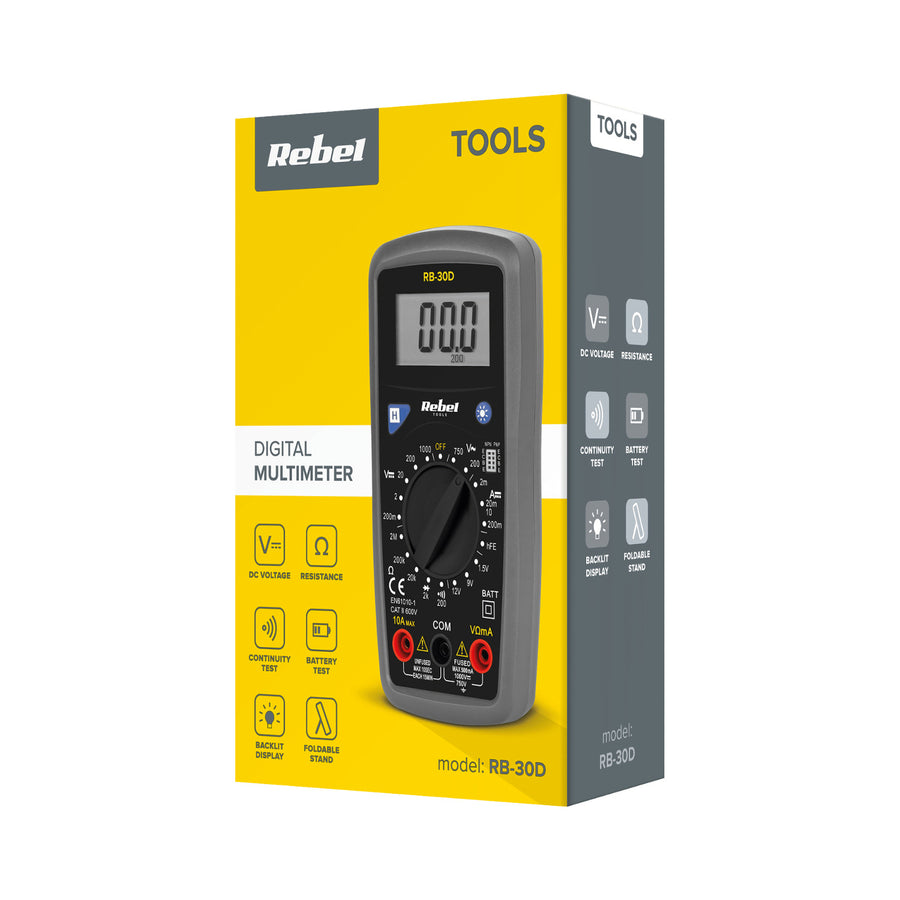 El medidor universal Rebel Tools RB-30D incluye cables de prueba