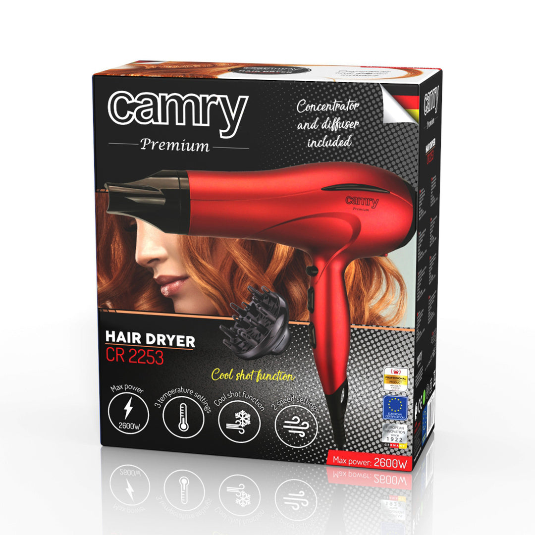 Secador de pelo Camry, 2 niveles de fuerza de soplado, 3 ajustes de temperatura, 2400 W, rojo, CR 2253