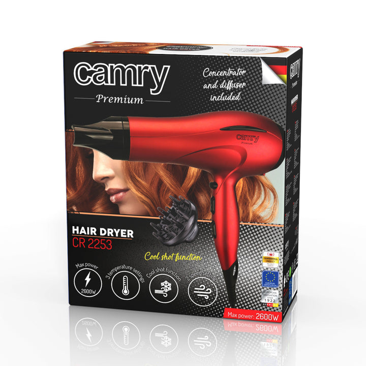 Secador de pelo Camry, 2 niveles de fuerza de soplado, 3 ajustes de temperatura, 2400 W, rojo, CR 2253