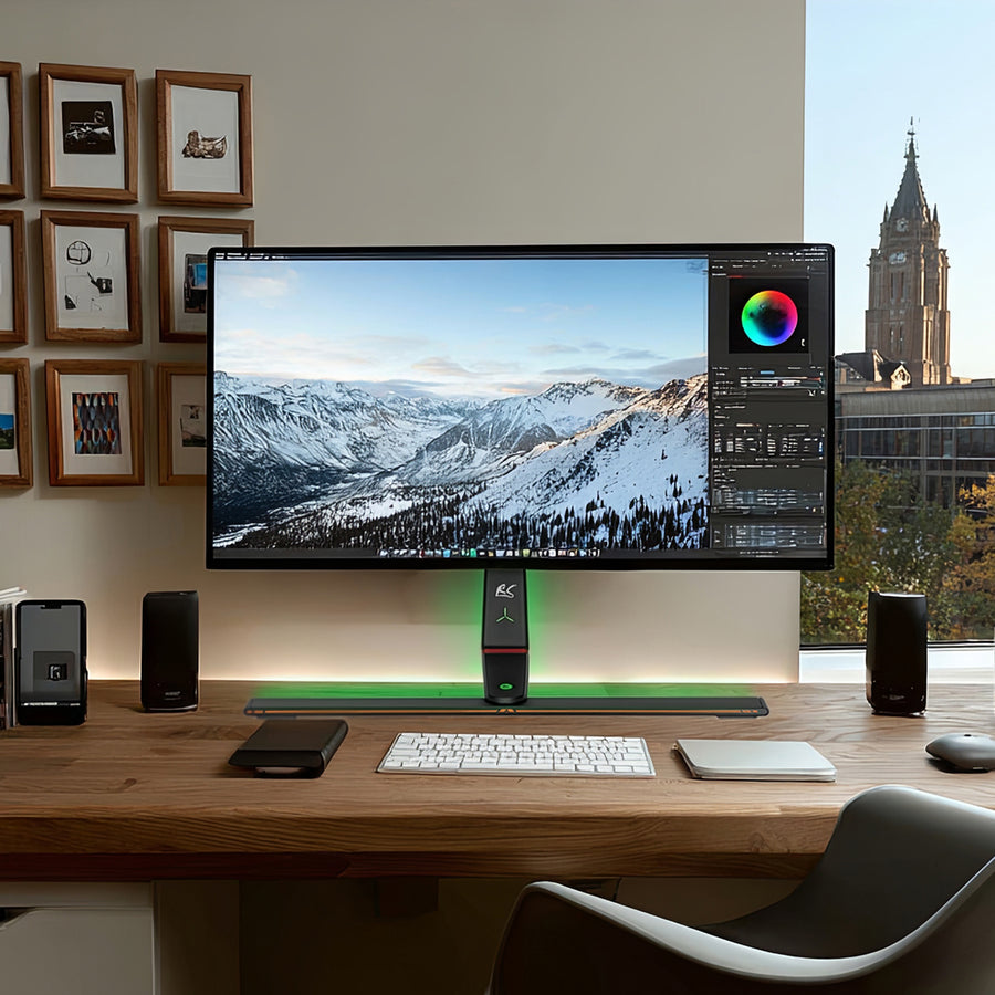 Soporte para monitor gaming NanoRS, altura ajustable, LED RGB, 32-55", VESA máximo 400x400, máximo 40 kg, RS167