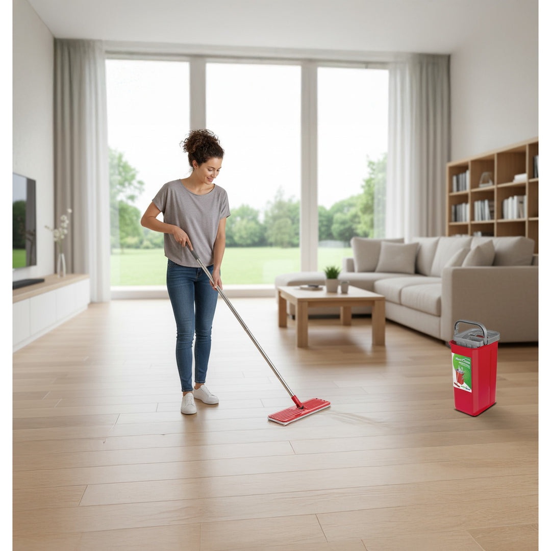 Juego de fregona plana MaxiClean con cubo de limpieza 2 en 1 Juego de mopa de 5,7 l Limpiador de suelo Fregona Limpiador del sistema de limpieza Cabezal de fregona giratorio de 360° (juego de fregona plana y cubo + 2 fundas de repuesto)
