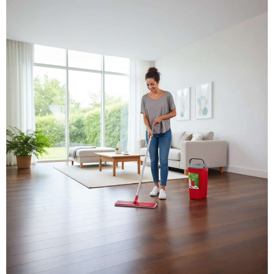 Juego de fregona plana MaxiClean con cubo de limpieza 2 en 1 Juego de mopa de 5,7 l Limpiador de suelo Fregona Limpiador del sistema de limpieza Cabezal de fregona giratorio de 360° (juego de fregona plana y cubo + 2 fundas de repuesto)