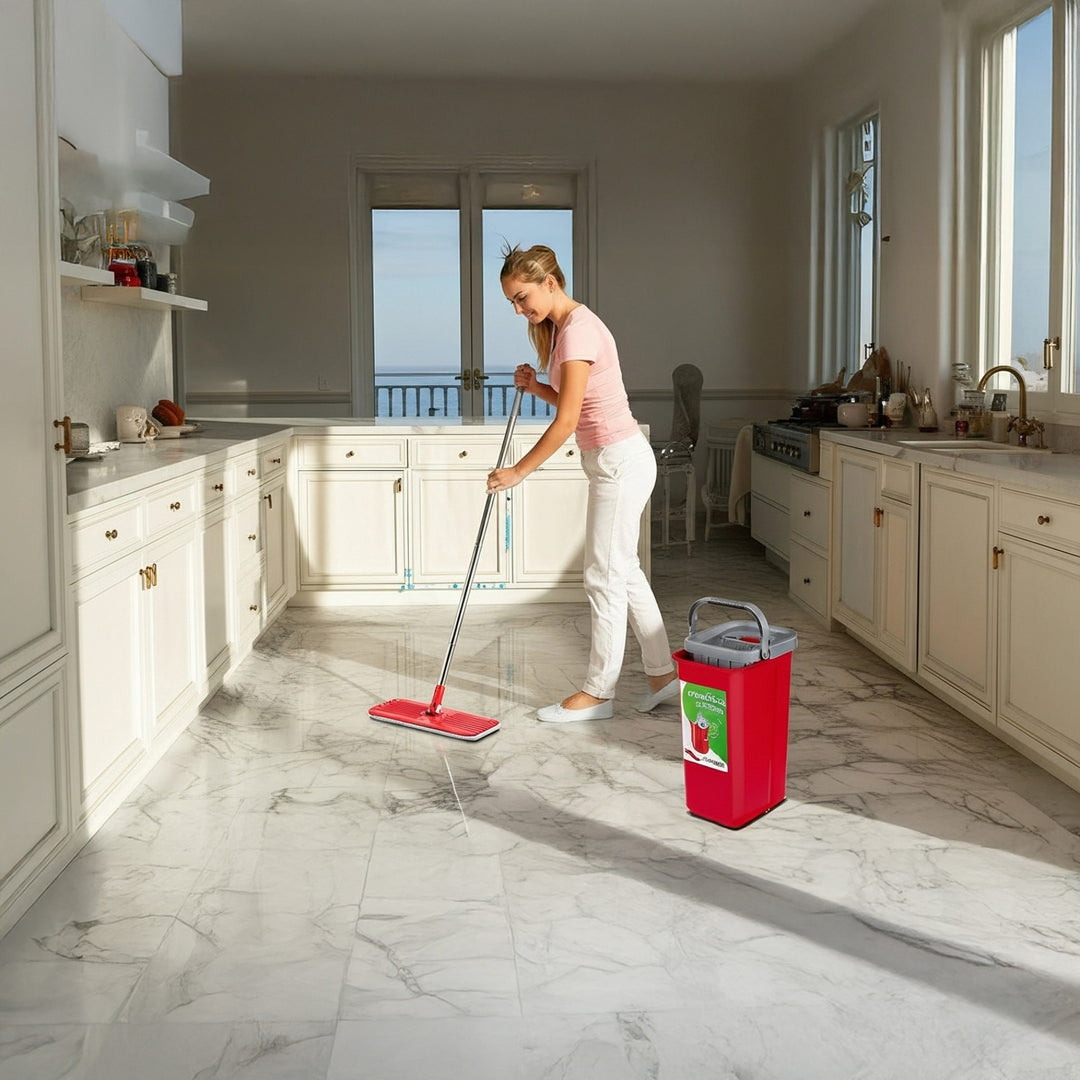 Juego de fregona plana MaxiClean con cubo de limpieza 2 en 1 Juego de mopa de 5,7 l Limpiador de suelo Fregona Limpiador del sistema de limpieza Cabezal de fregona giratorio de 360° (juego de fregona plana y cubo + 2 fundas de repuesto)