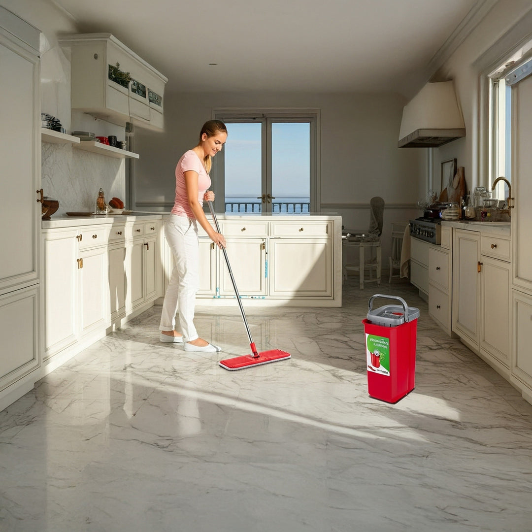 Juego de fregona plana MaxiClean con cubo de limpieza 2 en 1 Juego de mopa de 5,7 l Limpiador de suelo Fregona Limpiador del sistema de limpieza Cabezal de fregona giratorio de 360° (juego de fregona plana y cubo + 2 fundas de repuesto)