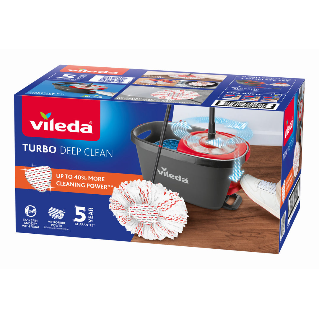 Conjunto completo de esfregona 3 em 1 com cabo telescópico e articulação 360°, comprimento do cabo: 85 - 130 cm, balde com girador, cabeça de microfibra lavável Vileda Turbo