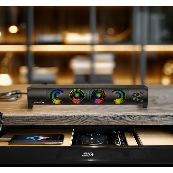 Altavoz 2 en 1 2.0 para PC con función de barra de sonido Retroiluminación RGB Altavoz estéreo 2x3W RMS Fuente de alimentación AUX 3,5 mm USB