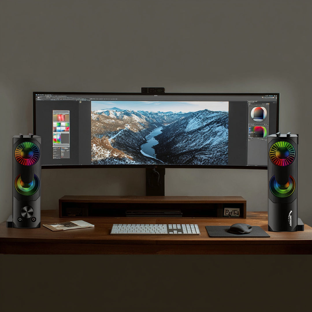 Altavoz 2 en 1 2.0 para PC con función de barra de sonido Retroiluminación RGB Altavoz estéreo 2x3W RMS Fuente de alimentación AUX 3,5 mm USB