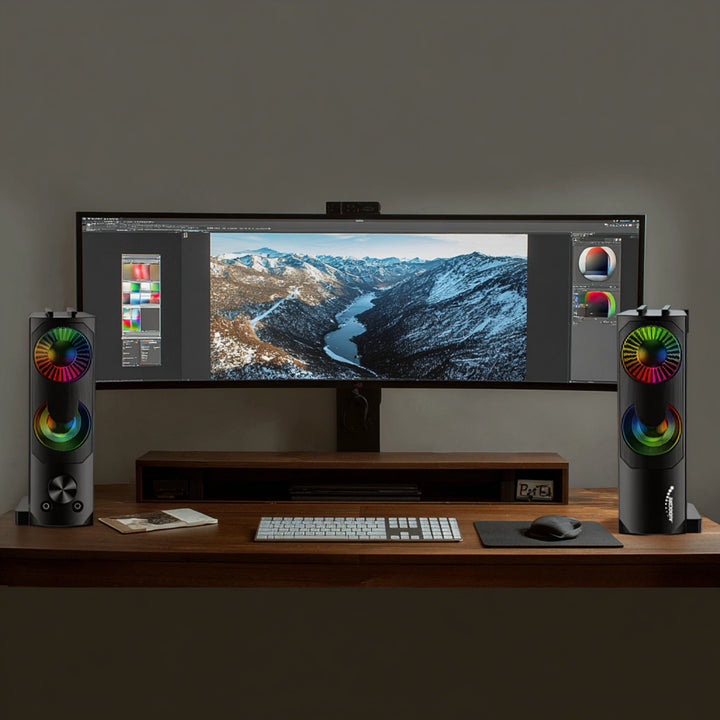 Altavoz 2 en 1 2.0 para PC con función de barra de sonido Retroiluminación RGB Altavoz estéreo 2x3W RMS Fuente de alimentación AUX 3,5 mm USB