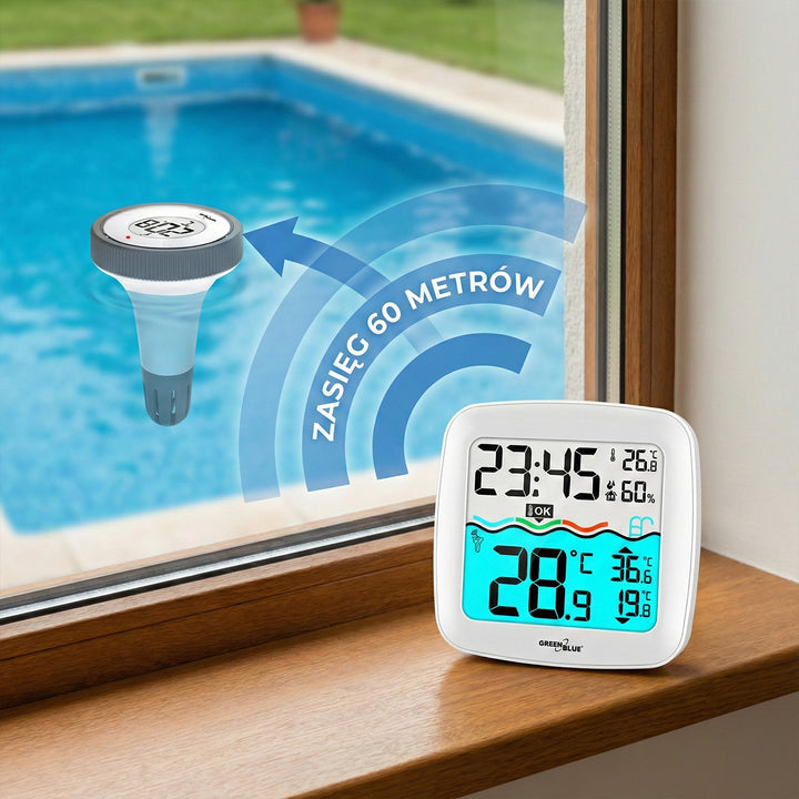 Piscina digital termômetro estação de temperatura flutuante piscina termômetro spa dcf relógio função rádio