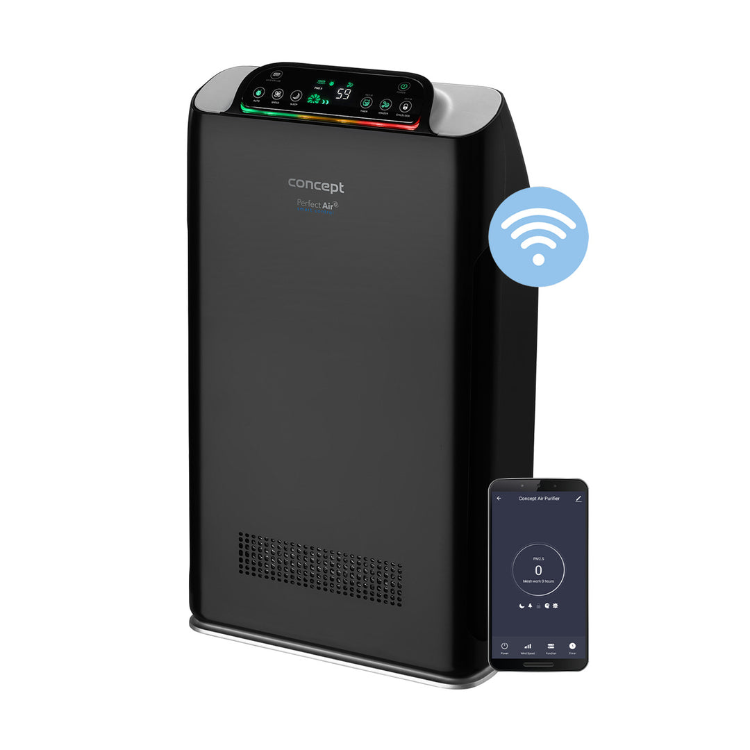 CONCEPT Hausgeräte Perfect Air SMART CA2000 Purificador de aire para habitaciones 320 m3 / h Filtro de 7 etapas HEPA-13 Filtro de polvo Ionizador Filtro de carbón 99,9% Aplicación móvil, negro