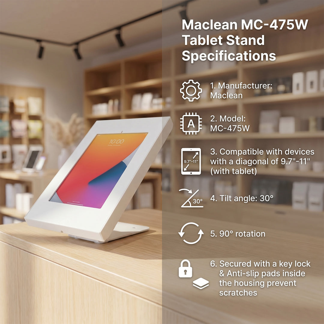Suporte anti-roubo para tablet Maclean MC-475 para montagem na parede ou na secretária, compatível com iPad/iPad Air/iPad Pro de 9,7" a 11", Samsung Galaxy Tab A/Tab A7/Tab S6 Lite (branco)
