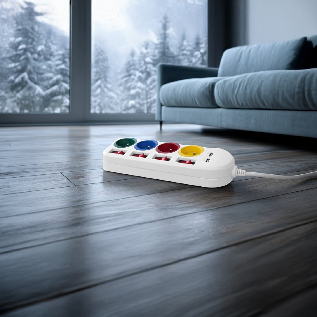 Faixa de extensão Maclean MCE229 W com soquetes Cabo de extensão com 4 tomadas + 2xUSB com interruptores, 250VAC/10A, 2,1A 5V, 1,5m, branco