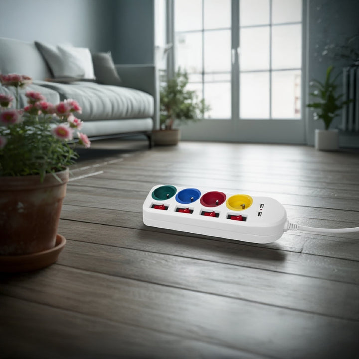 Faixa de extensão Maclean MCE229 W com soquetes Cabo de extensão com 4 tomadas + 2xUSB com interruptores, 250VAC/10A, 2,1A 5V, 1,5m, branco