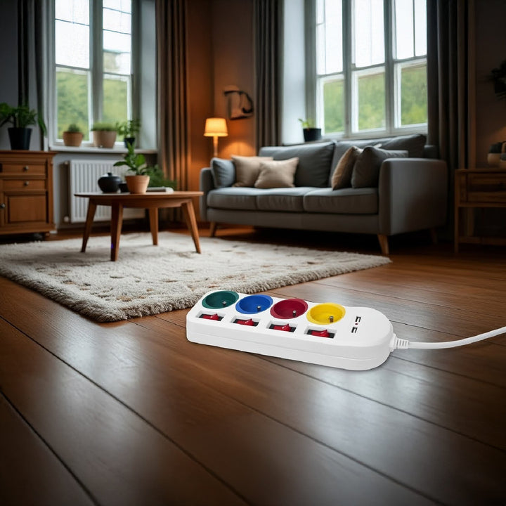 Faixa de extensão Maclean MCE229 W com soquetes Cabo de extensão com 4 tomadas + 2xUSB com interruptores, 250VAC/10A, 2,1A 5V, 1,5m, branco