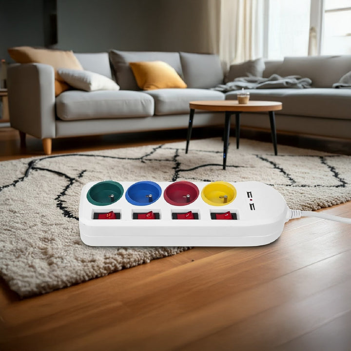 Faixa de extensão Maclean MCE229 W com soquetes Cabo de extensão com 4 tomadas + 2xUSB com interruptores, 250VAC/10A, 2,1A 5V, 1,5m, branco