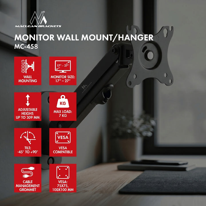 Maclean MC-458 Soporte de Pared para Monitor 17-27'' máx. 7 kg, Resorte de Gas