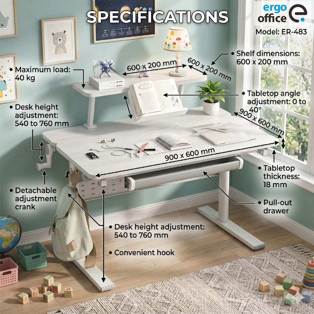 Ergo Office ER-483 Escritorio Infantil, Altura Regulable, Gris, max 40kg, 900x600mm