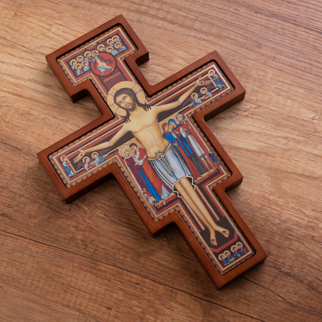 Cruz em Madeira de São Damiano - Cruz Castanha de São Francisco 14x10x1,8cm