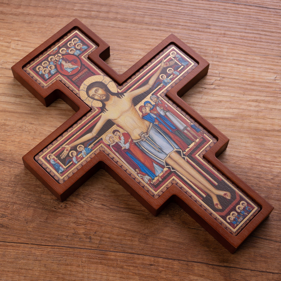 Cruz em Madeira de São Damiano - Cruz Castanha de São Francisco 14x10x1,8cm