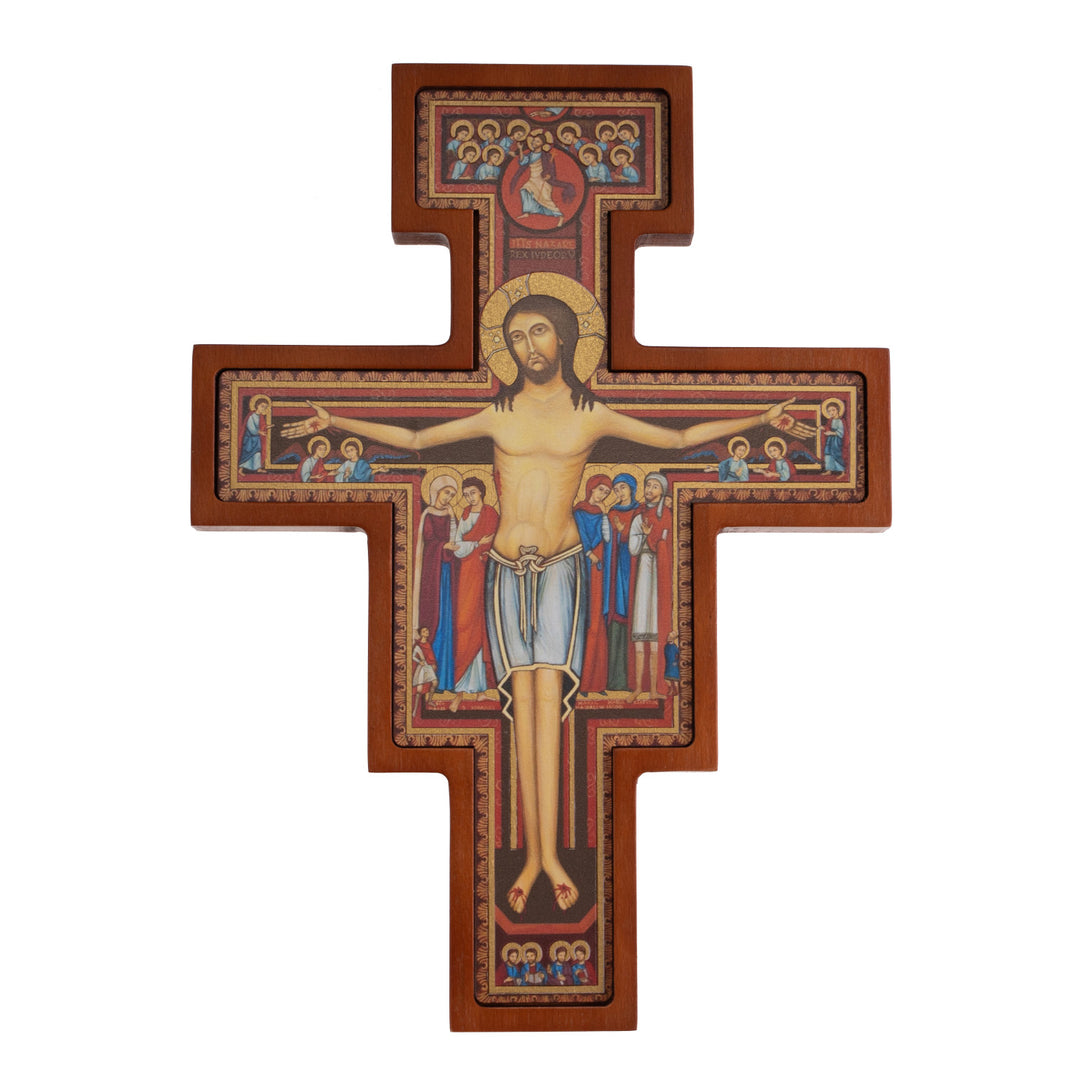 Cruz em Madeira de São Damiano - Cruz Castanha de São Francisco 14x10x1,8cm