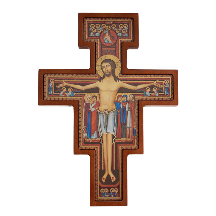 Cruz em Madeira de São Damiano - Cruz Castanha de São Francisco 14x10x1,8cm