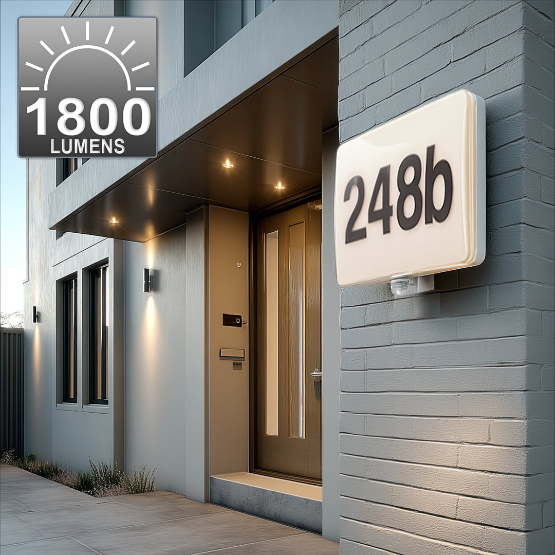 Maclean MCE466 W LED Luz de número de porta, sensor de crepúsculo e movimento, regulável, 20 W, IP65, cor neutra (4000 K), 1600 lm